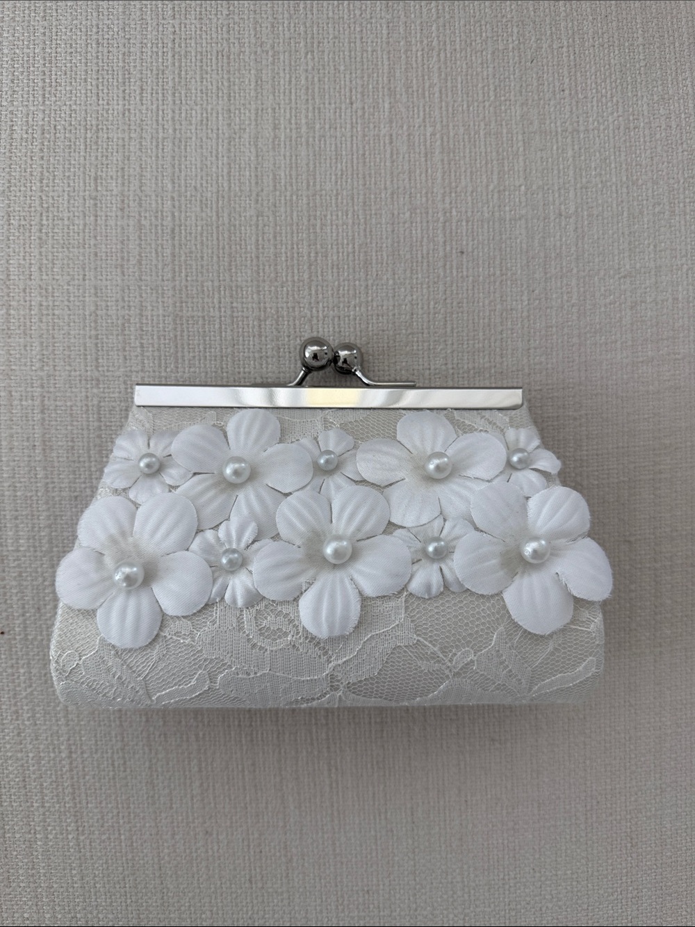 White Floral Lace Clutch with Pearl-Accent Frame